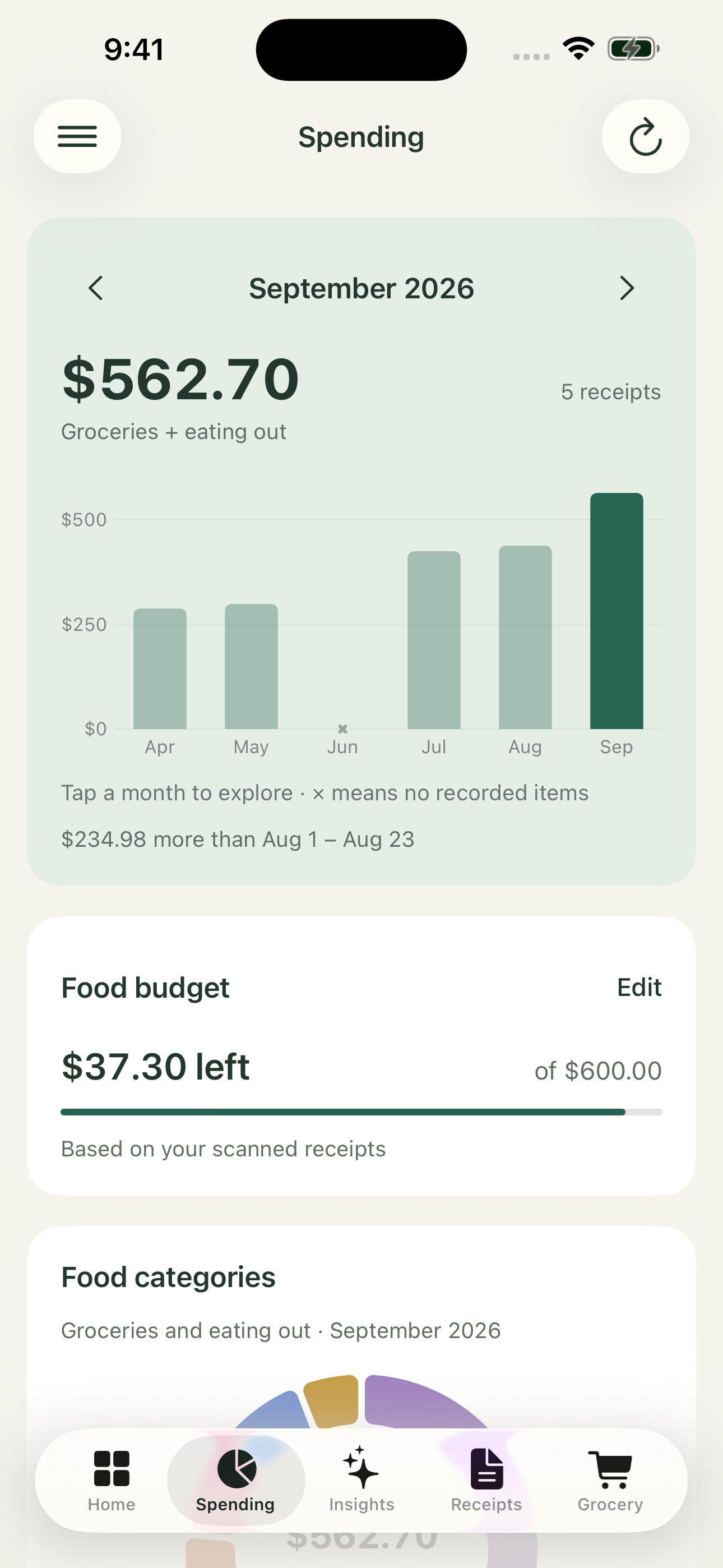 Monthly spending chart, budget and food categories in TrackYourBite